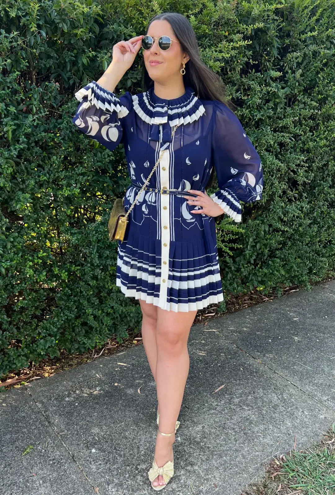 Zimmermann Pleated Tie Neck Mini Dress Moonlight Sailboats Size 3 / Au 14 for rent on The Volte - main image