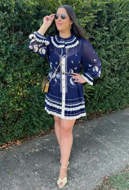 Zimmermann Pleated Tie Neck Mini Dress Moonlight Sailboats Size 3 / Au 14 for rent on The Volte - image 1