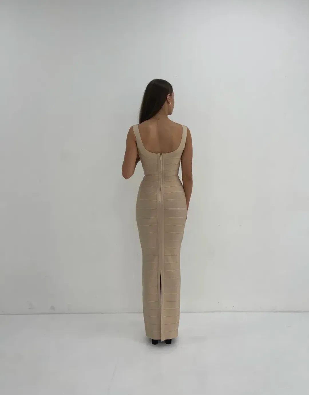 Herve Leger Beige Round Neck Gown Size Xxsmall for rent on The Volte - main image