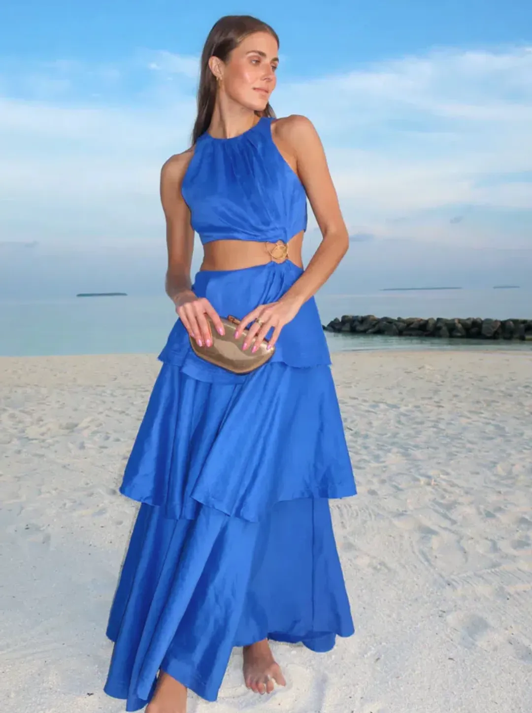 Aje Wave Cut Out Ring Midi Dress Marine Blue Size 8 for rent on The Volte - main image