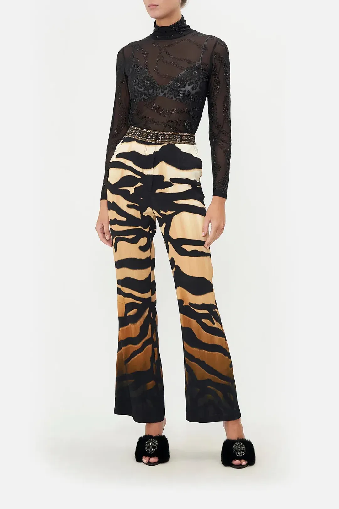 Camilla Jersey Turtleneck Tame My Tiger Black with Camilla Cool For Cats Soft Bra & Camilla Full Length Flared Pant Tame My Tiger (L / AU14) for rent on The Volte - main image