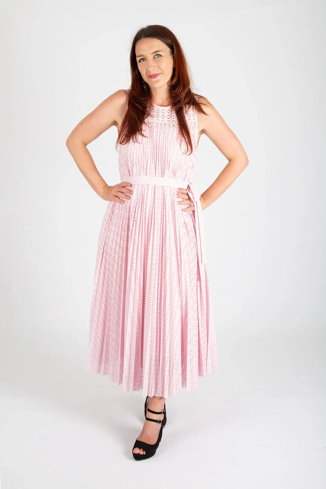 Hugo Boss Belted Stretch Lace Midi Dress Pastel Pink Size 10 for rent on The Volte - main image