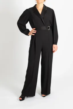 Hugo Boss Tonal Silken Trims Crepe Jumpsuit Black Size 10 for rent on The Volte - image 1