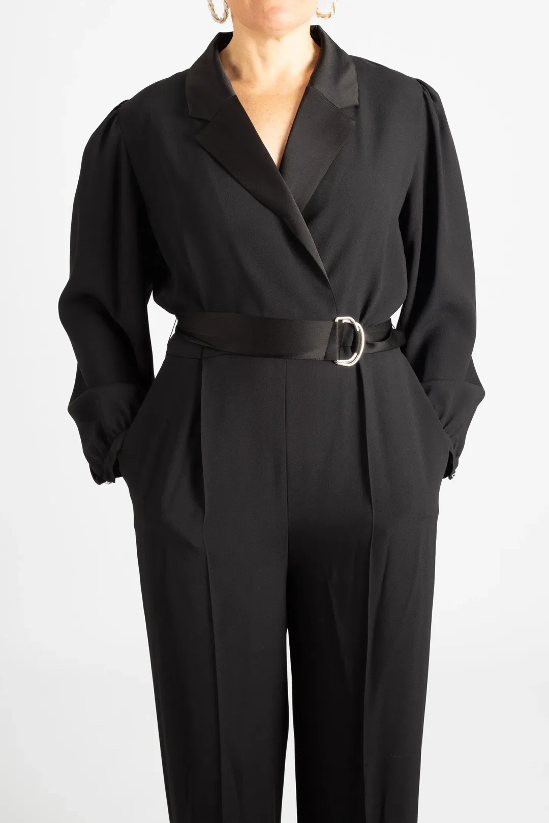 Hugo Boss Tonal Silken Trims Crepe Jumpsuit Black Size 10 for rent on The Volte - main image