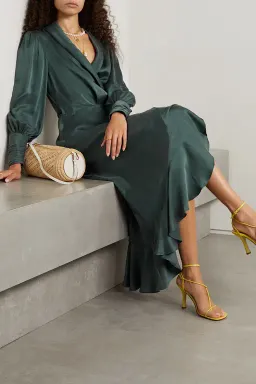 Zimmermann Asymmetric Ruffled Silk-satin Wrap Dress in Green Size 2 / AU 12 for rent on The Volte - image 2