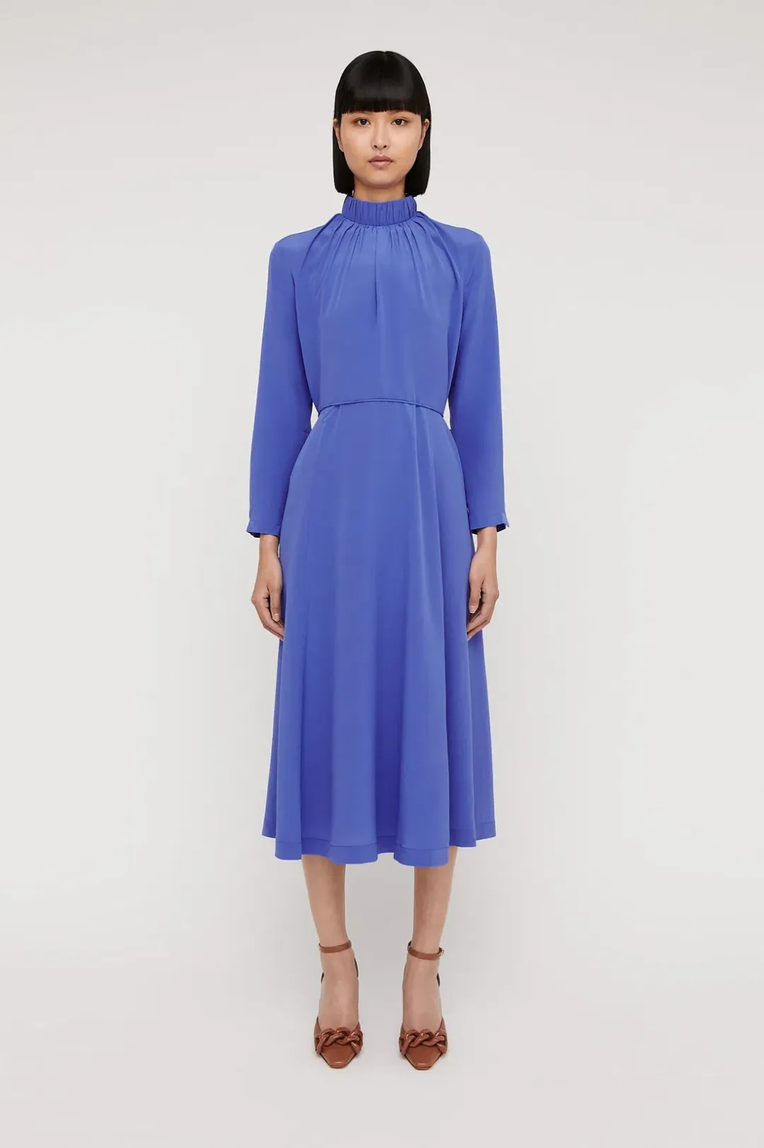 Scanlan Theodore Silk Gather Neck Dress Blue Size 8 for rent on The Volte - main image