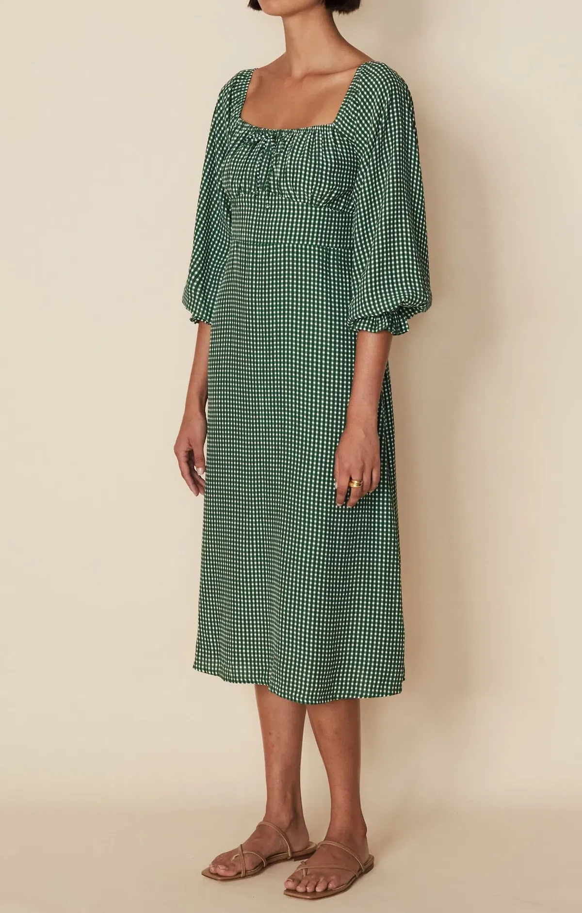 Faithfull The Brand Bennete Midi Dress Green Gingham Check Size 12 - Image 1