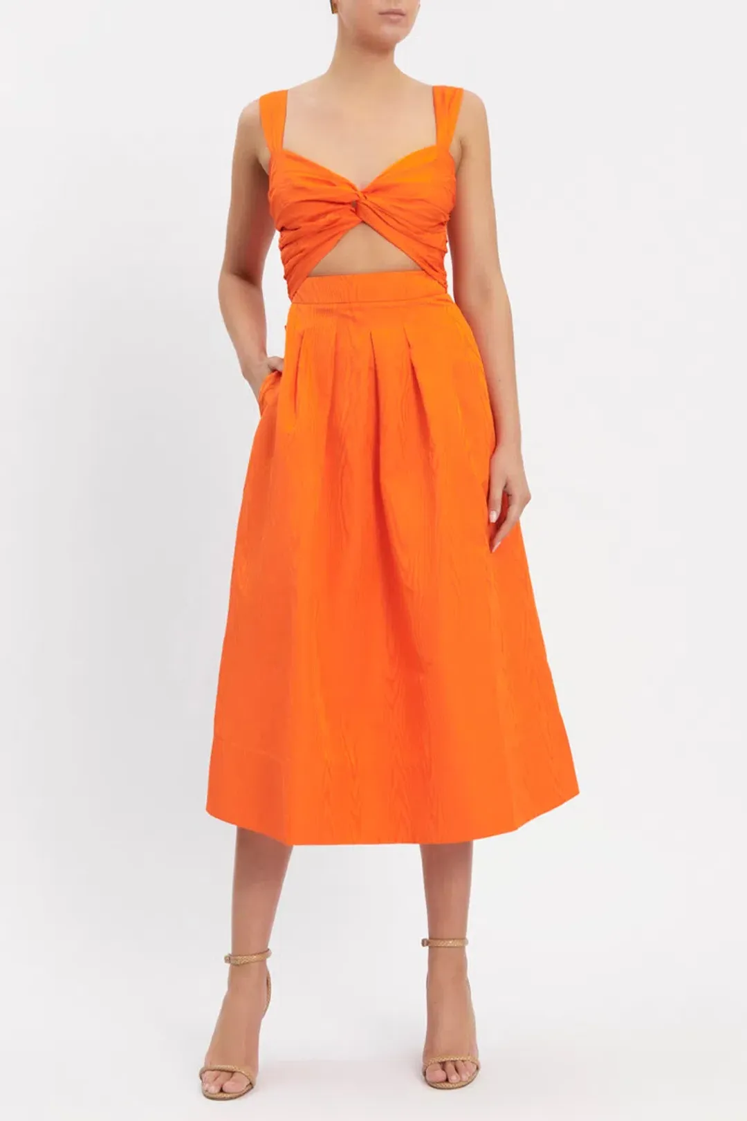 Rebecca Vallance Carmelita Cut Out Midi Dress Orange Size 10 for rent on The Volte - main image