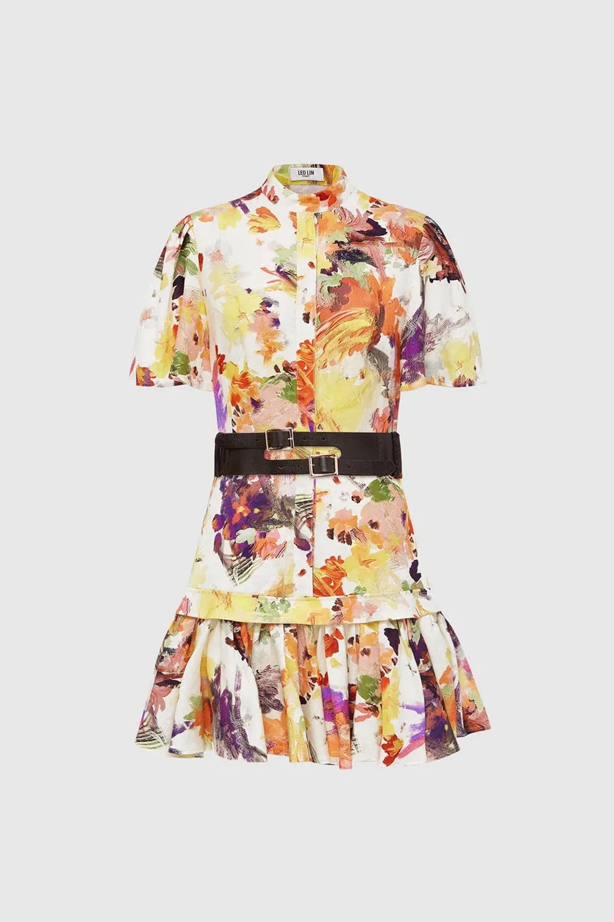 Leo Lin Poise Linen Shirt Mini Dress Floral with Belt Size 8 for rent on The Volte - main image