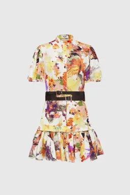 Leo Lin Poise Linen Shirt Mini Dress Floral with Belt Size 8 for rent on The Volte - image 1