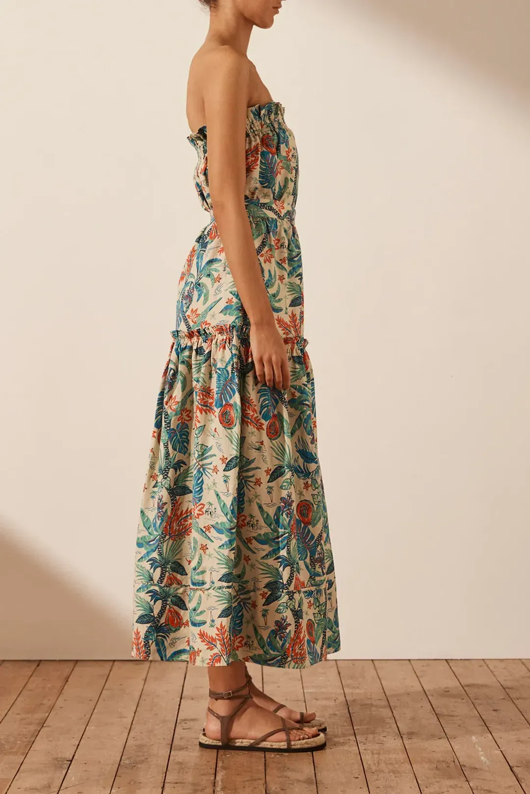 Shona Joy Mahalo Linen Strapless Midi Dress Print Size 8 / S for rent on The Volte - main image