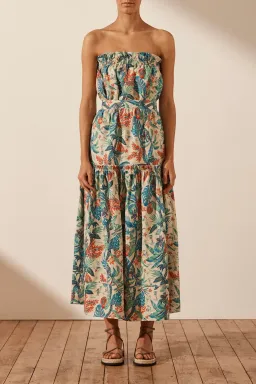 Shona Joy Mahalo Linen Strapless Midi Dress Print Size 8 / S for rent on The Volte - image 1