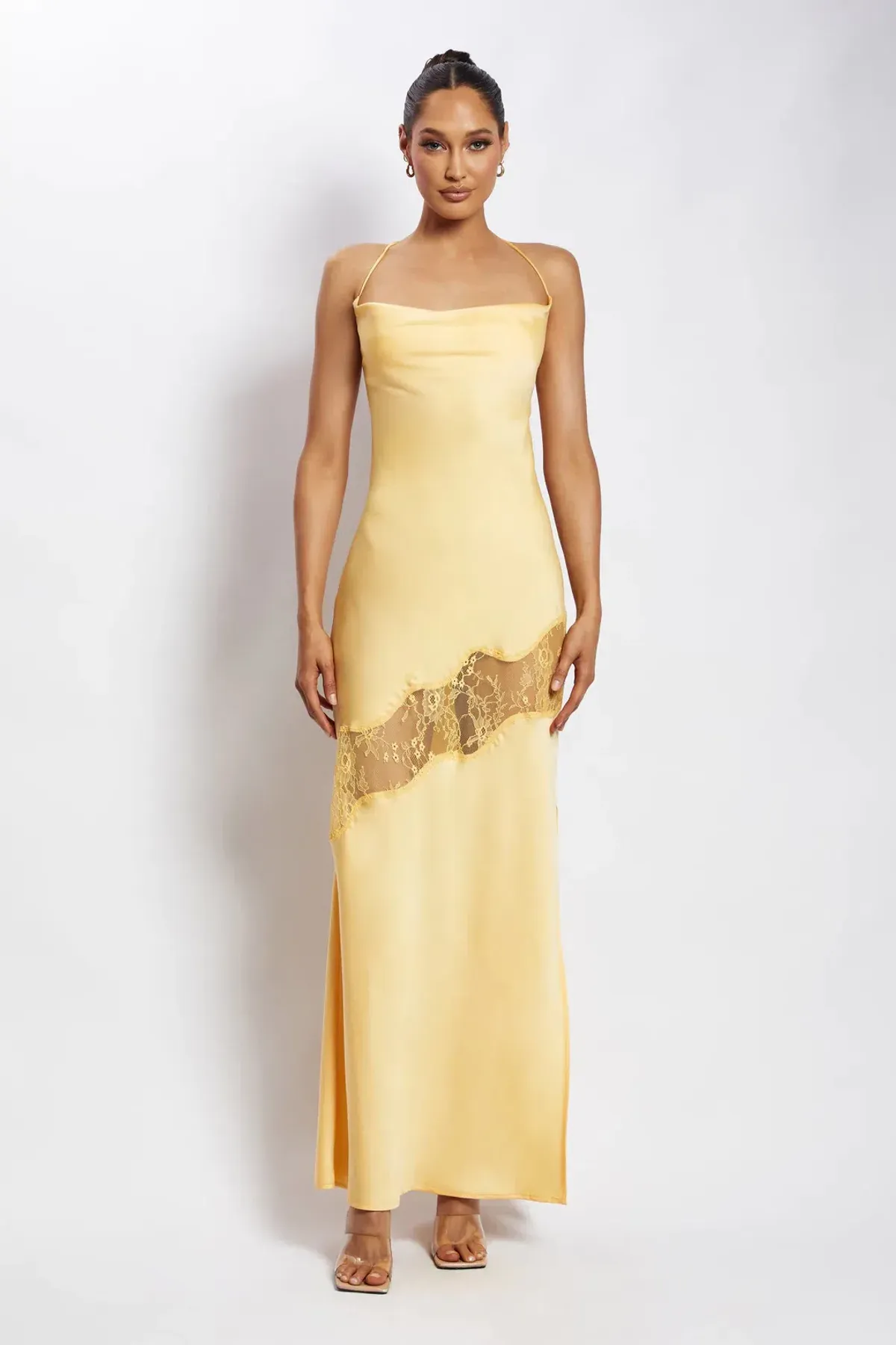 Meshki Chandra Lace Detail Satin Maxi Dress Lemon Size 14 for rent on The Volte - main image