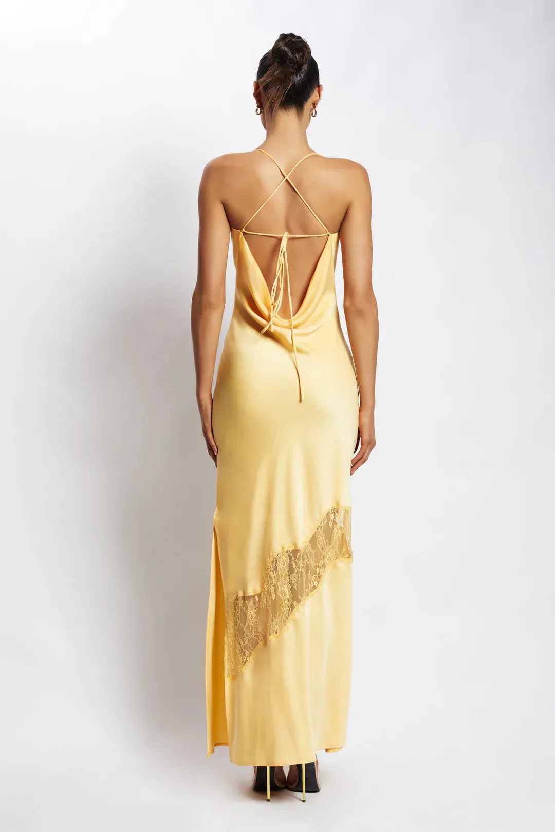 Meshki Chandra Lace Detail Satin Maxi Dress Lemon Size 14 for rent on The Volte - main image