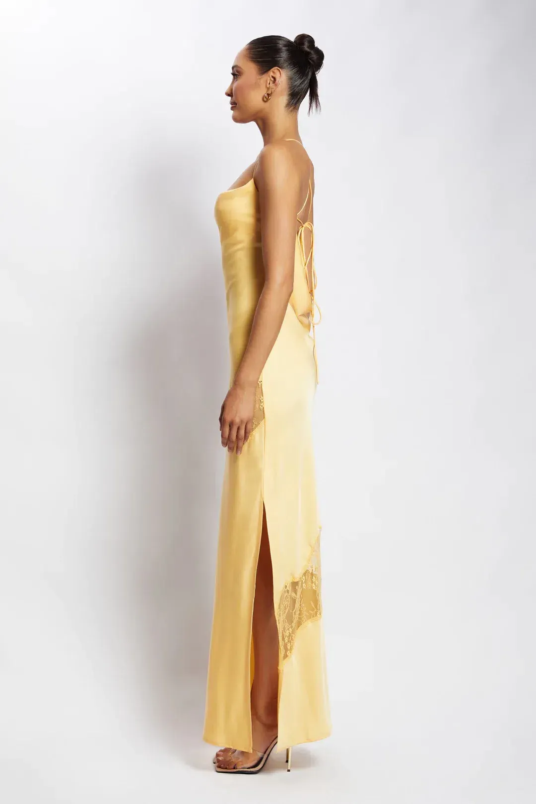 Meshki Chandra Lace Detail Satin Maxi Dress Lemon Size 14 for rent on The Volte - main image