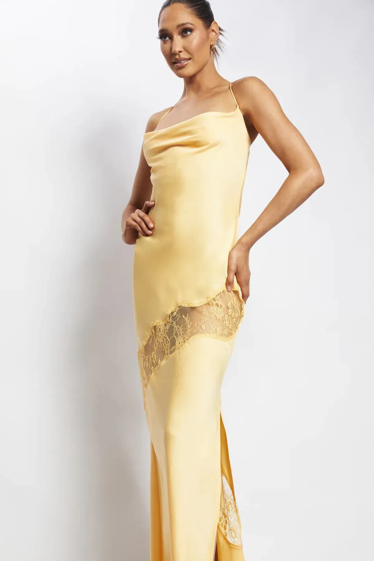 Meshki Chandra Lace Detail Satin Maxi Dress Lemon Size 14 - Image 5