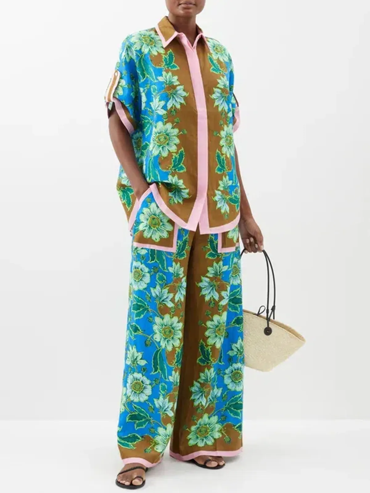 Alemais Winnie Floral Spliced Blue Brown Shirt and Pant Two Piece Set Floral Size 10 for rent on The Volte - main image