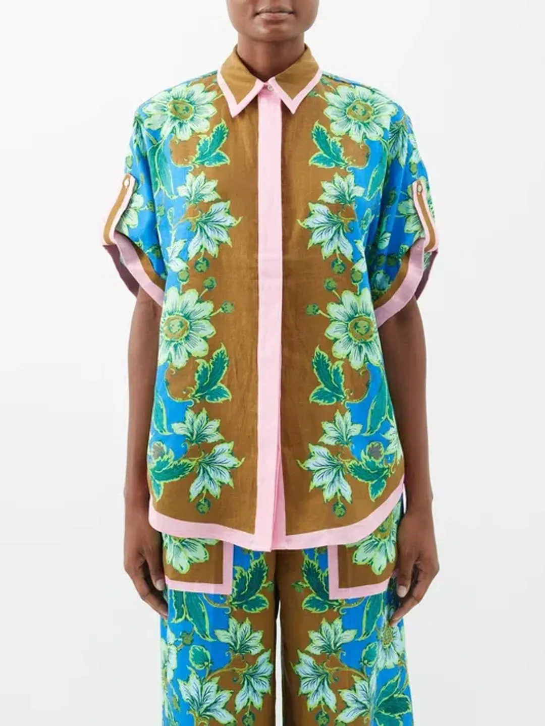 Alemais Winnie Floral Spliced Blue Brown Shirt and Pant Two Piece Set Floral Size 10 for rent on The Volte - main image