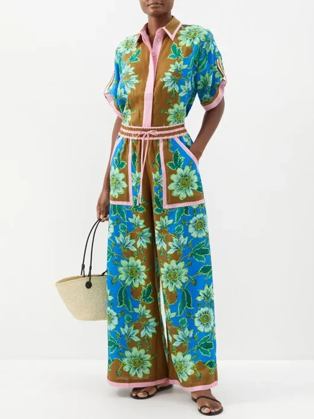 Alemais Winnie Floral Spliced Blue Brown Shirt and Pant Two Piece Set Floral Size 10 for rent on The Volte - main image