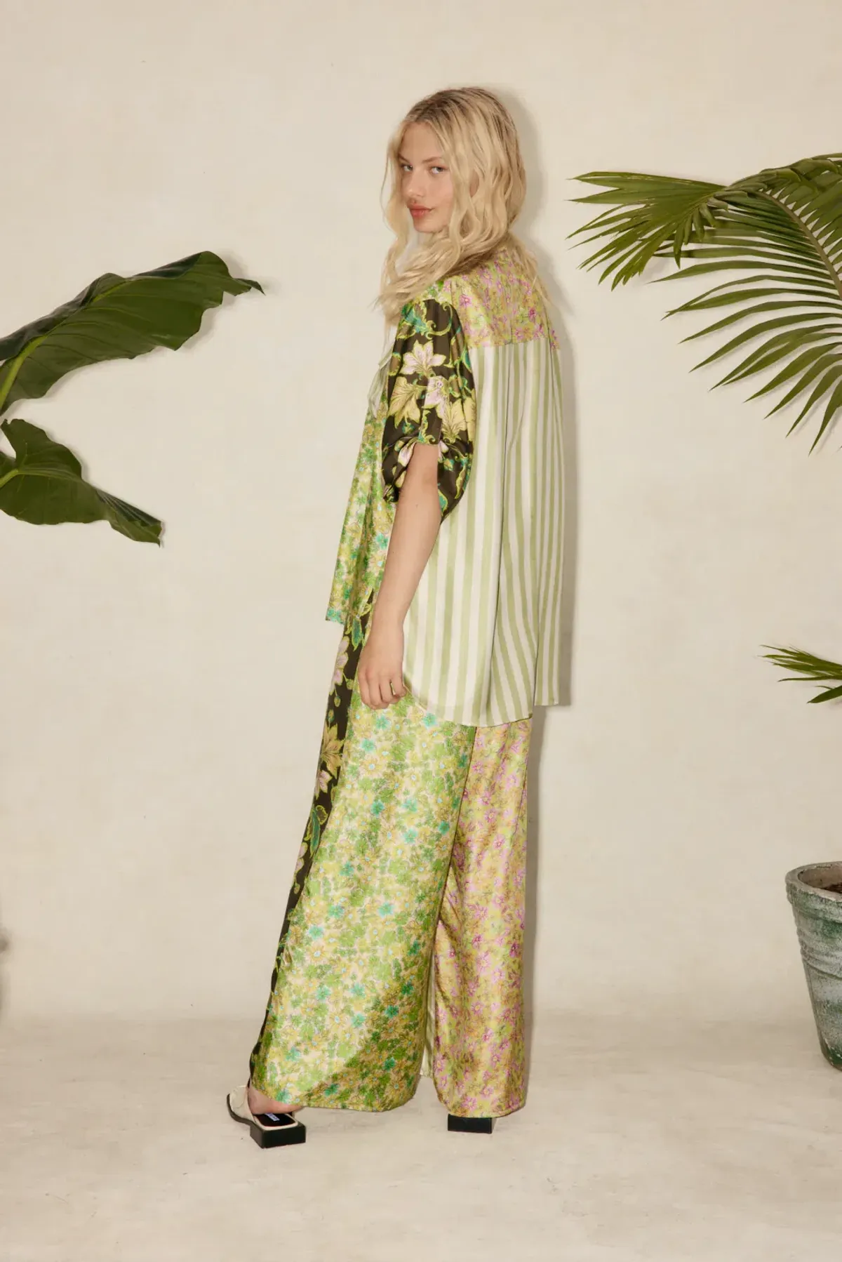 Alemais Winnie Patchwork Spliced Silk Shirt and Pant Set Green Floral Size AU 10 - Image 5