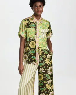 Alemais Winnie Patchwork Spliced Silk Shirt and Pant Set Green Floral Size AU 10 for rent on The Volte - image 3