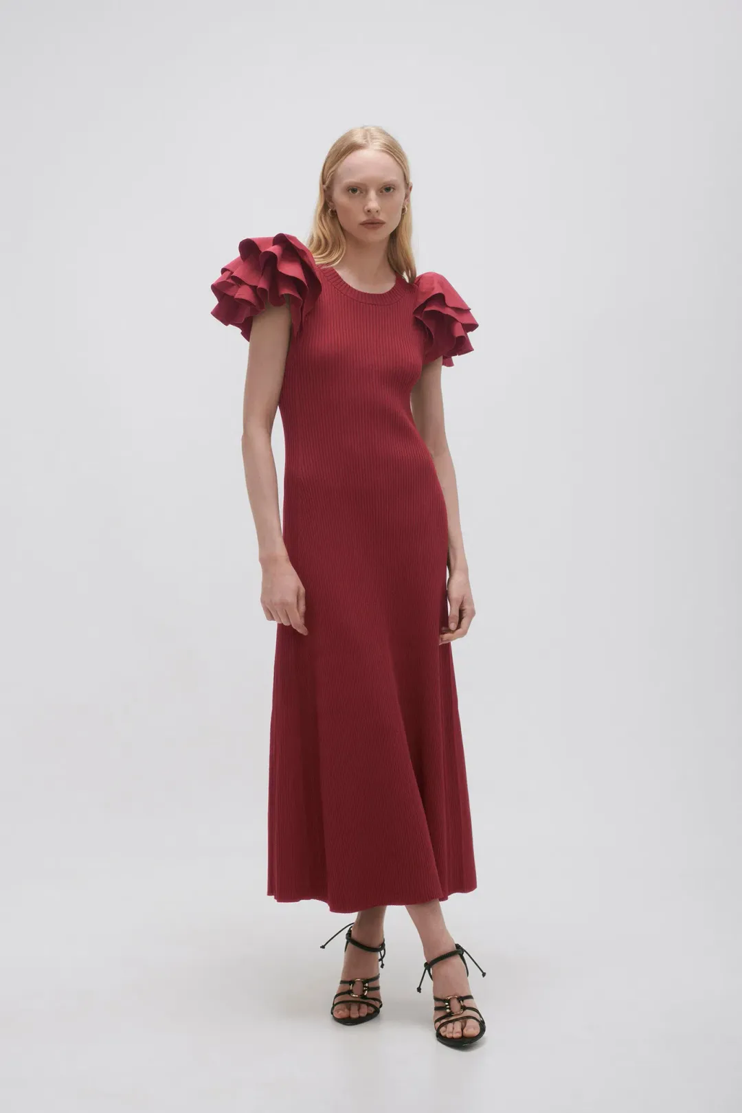 Aje Questa Puff Midi Dress Burgundy Size 6 for rent on The Volte - main image