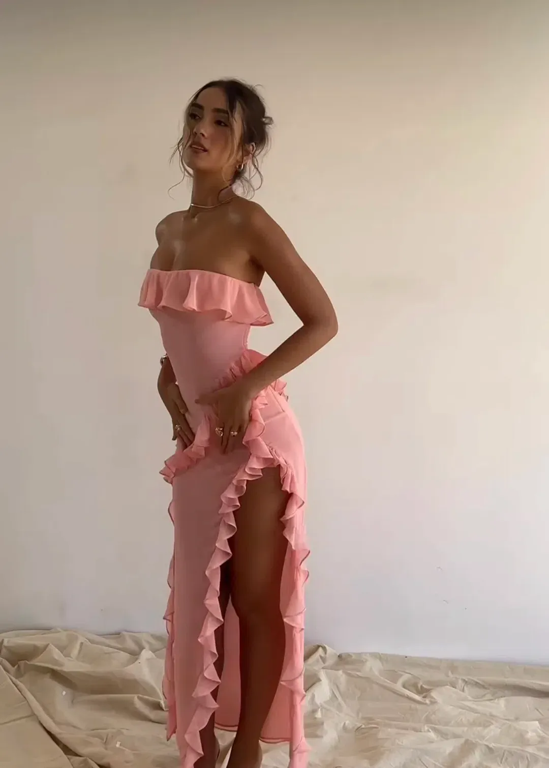 House of CB Sarina Ruffle Maxi Dress Apricot Size 10 for rent on The Volte - main image