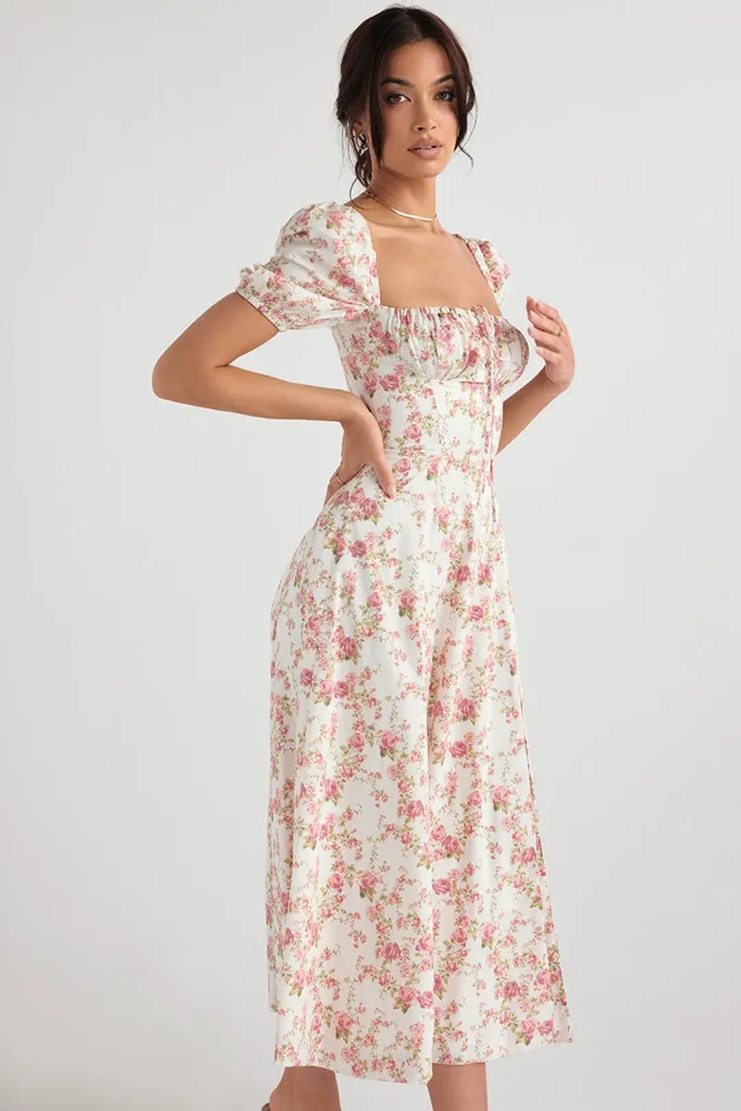 House of CB Rose Print Puff Sleeve Midi Sundress Floral Size L/AU 12 for rent on The Volte - main image