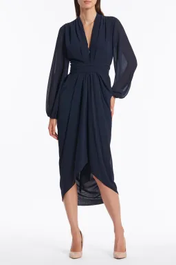Carla Zampatti Georgette V-Neck Waterfall Dress Navy Size 14 for rent on The Volte - image 1