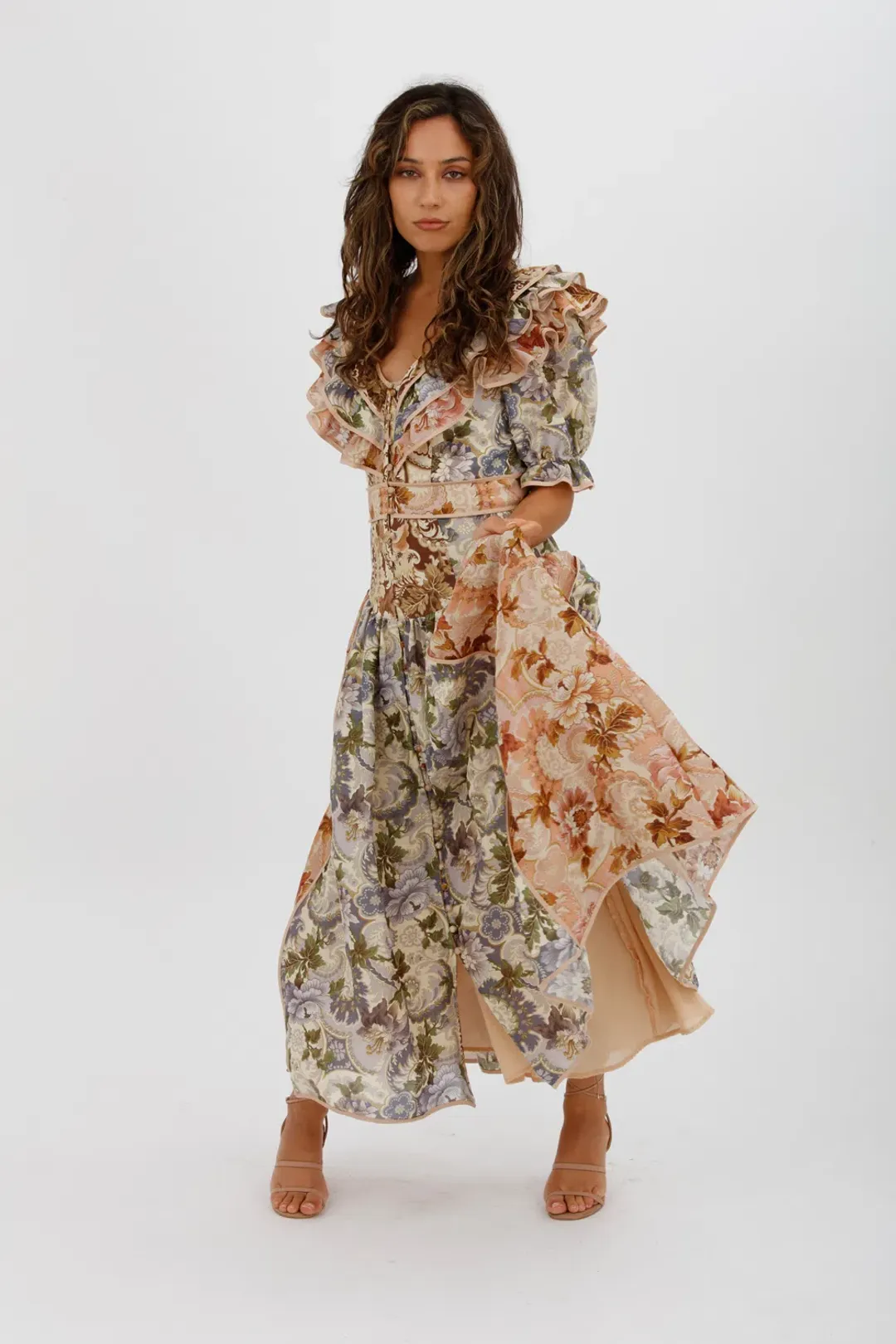 Alèmais Phillipa Ruffle Neck Midi Dress Floral Size 8 for rent on The Volte - main image