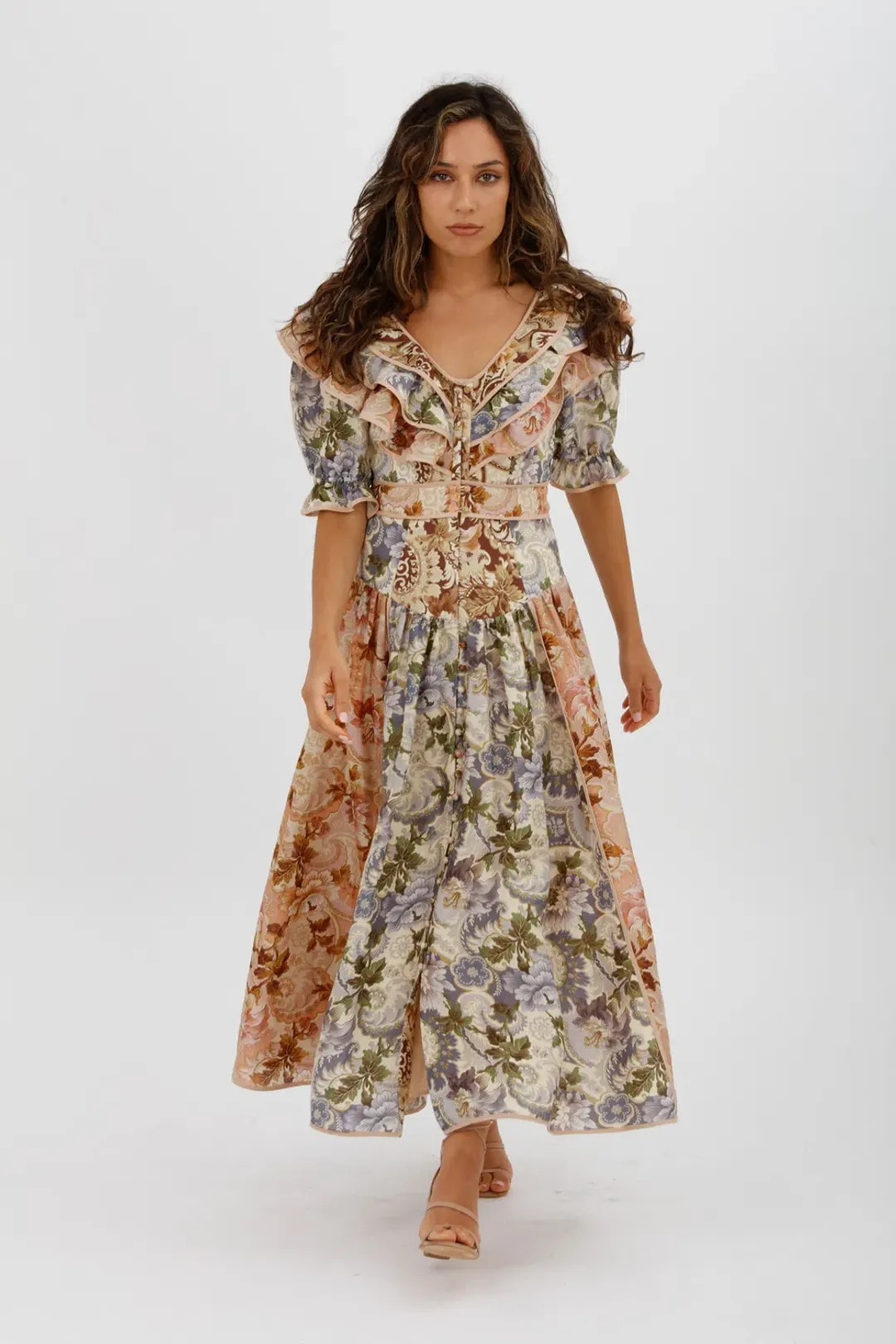 Alèmais Phillipa Ruffle Neck Midi Dress Floral Size 8 for rent on The Volte - main image