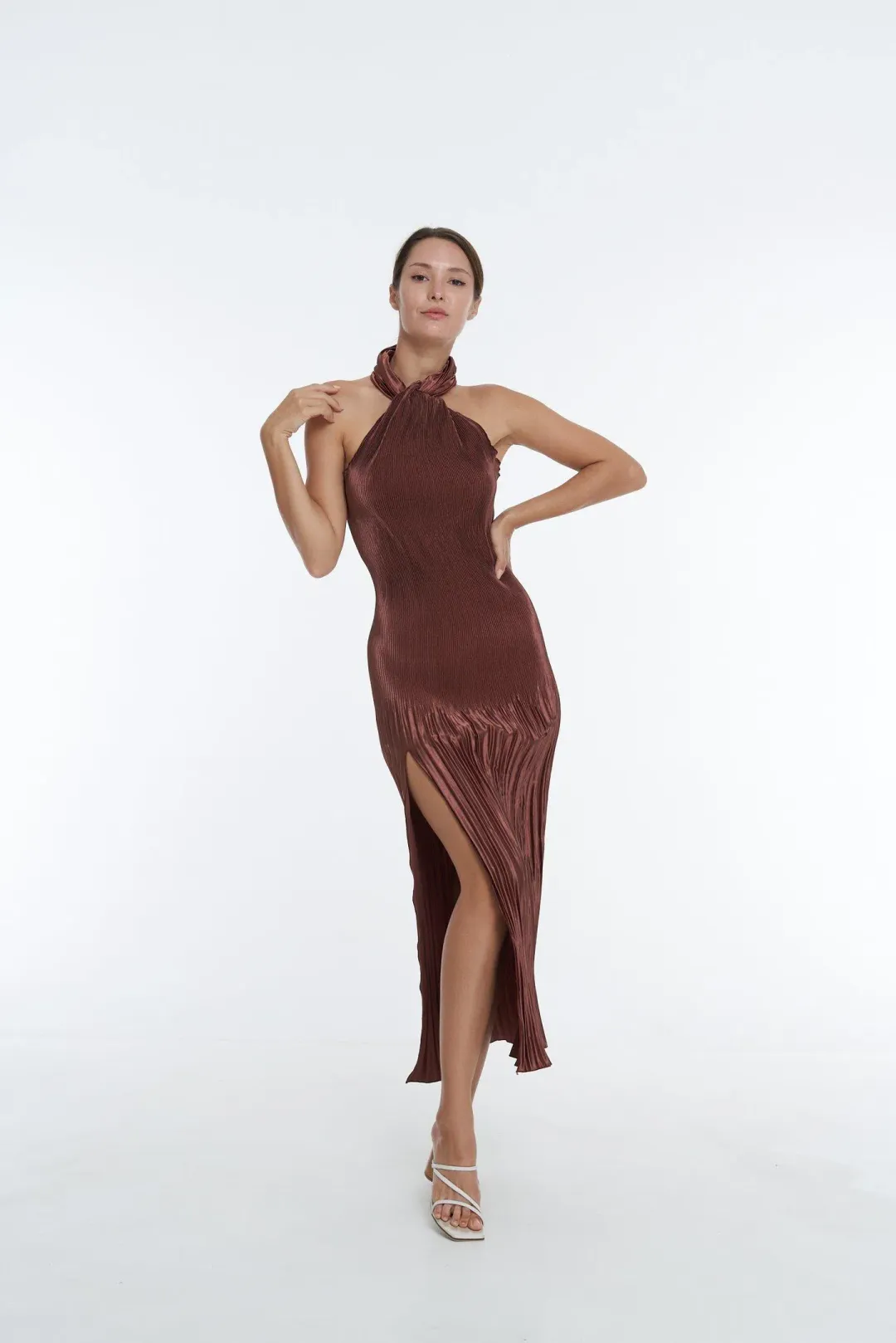 L'Idee Soirée Pleated Halter Gown Brown Size 12 for rent on The Volte - main image