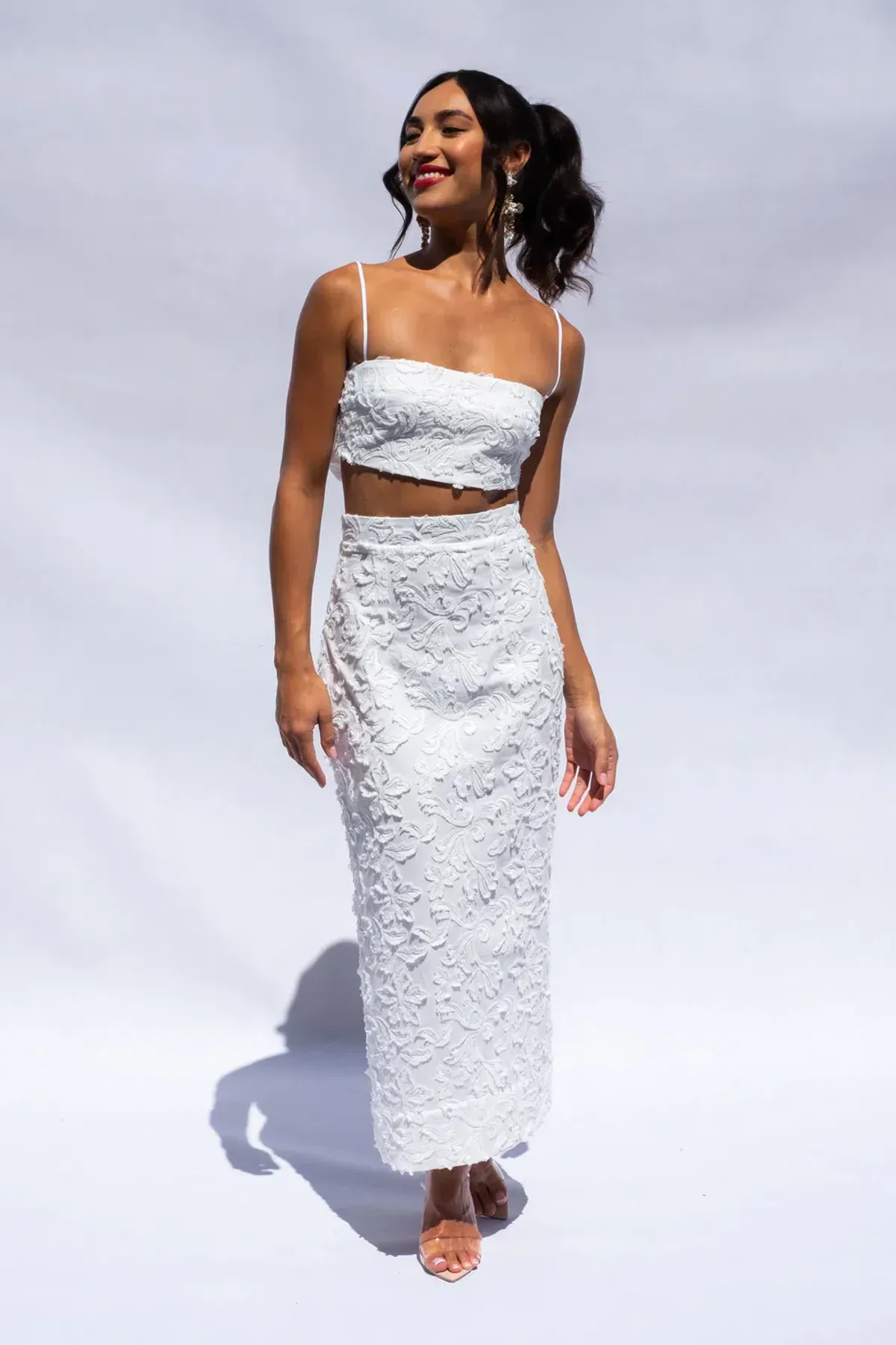 Isabella Longginou Textured Bow Tie Crop and Fitted Pencil Skirt Set White Size 6 - Image 1