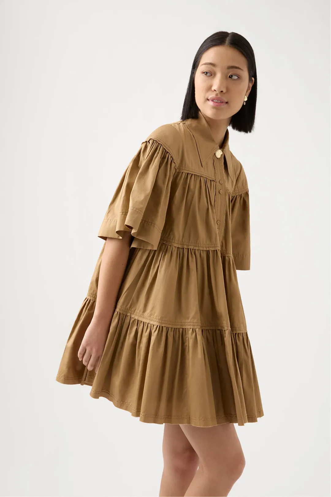 Aje Lana Smock Mini Dress Willow Brown Size AU 8 for rent on The Volte - main image