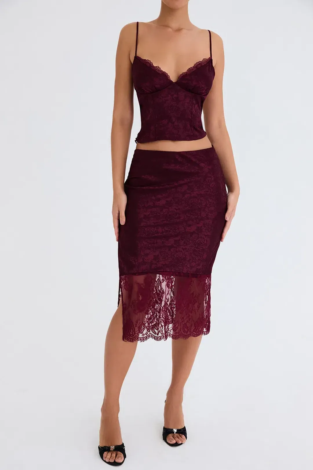 House of CB Mistress Rocks Mulberry Satin And Lace Top and Midi Skirt Burgundy Size S / AU 8 for rent on The Volte - main image