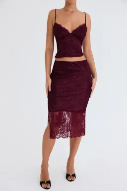 House of CB Mistress Rocks Mulberry Satin And Lace Top and Midi Skirt Burgundy Size S / AU 8 for rent on The Volte - image 1