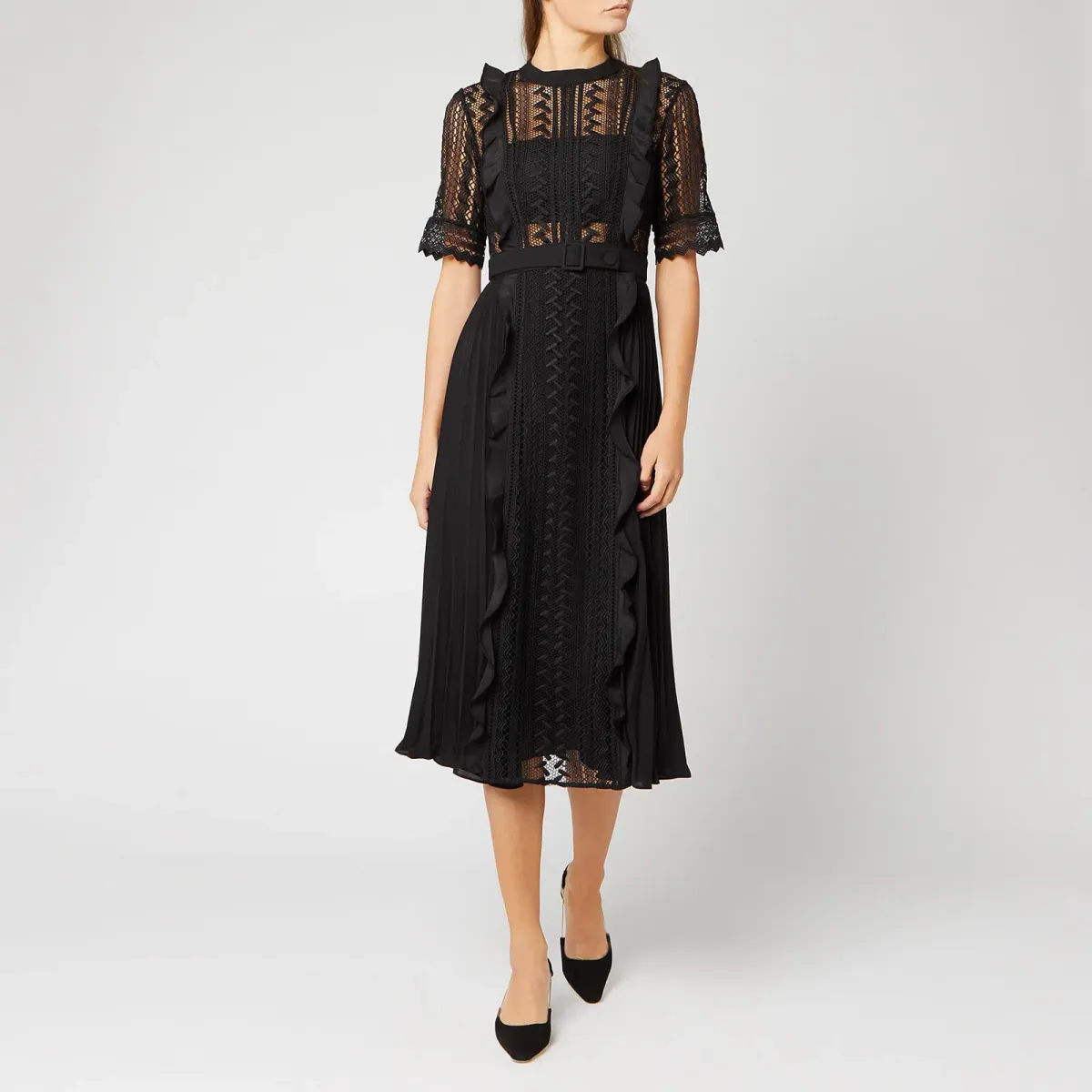 Self Portrait Geometric Lace Midi Dress Black Size AU 6 for rent on The Volte - main image