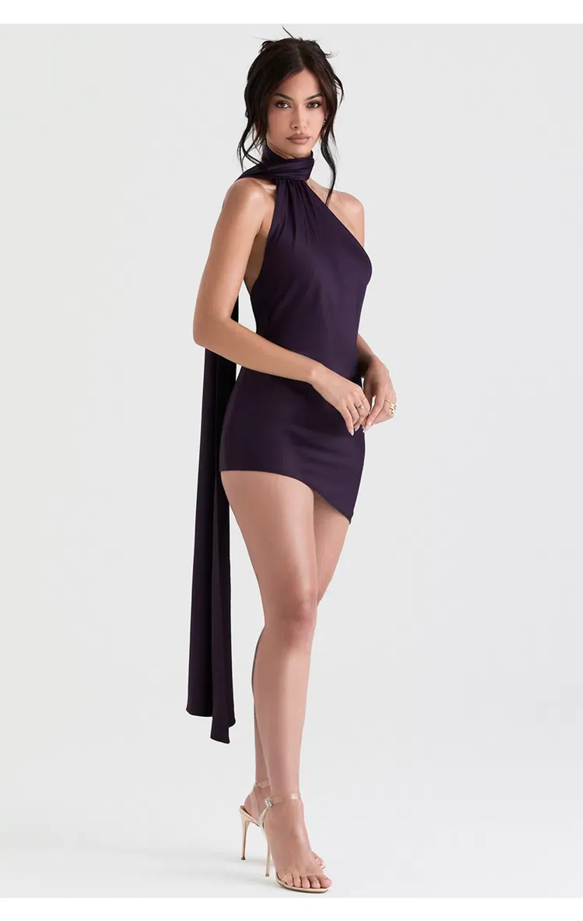 House of CB Aida Asymmetric Satin Wrap Neck Mini Dress Nightshade Size XS / Au 6 - Image 5
