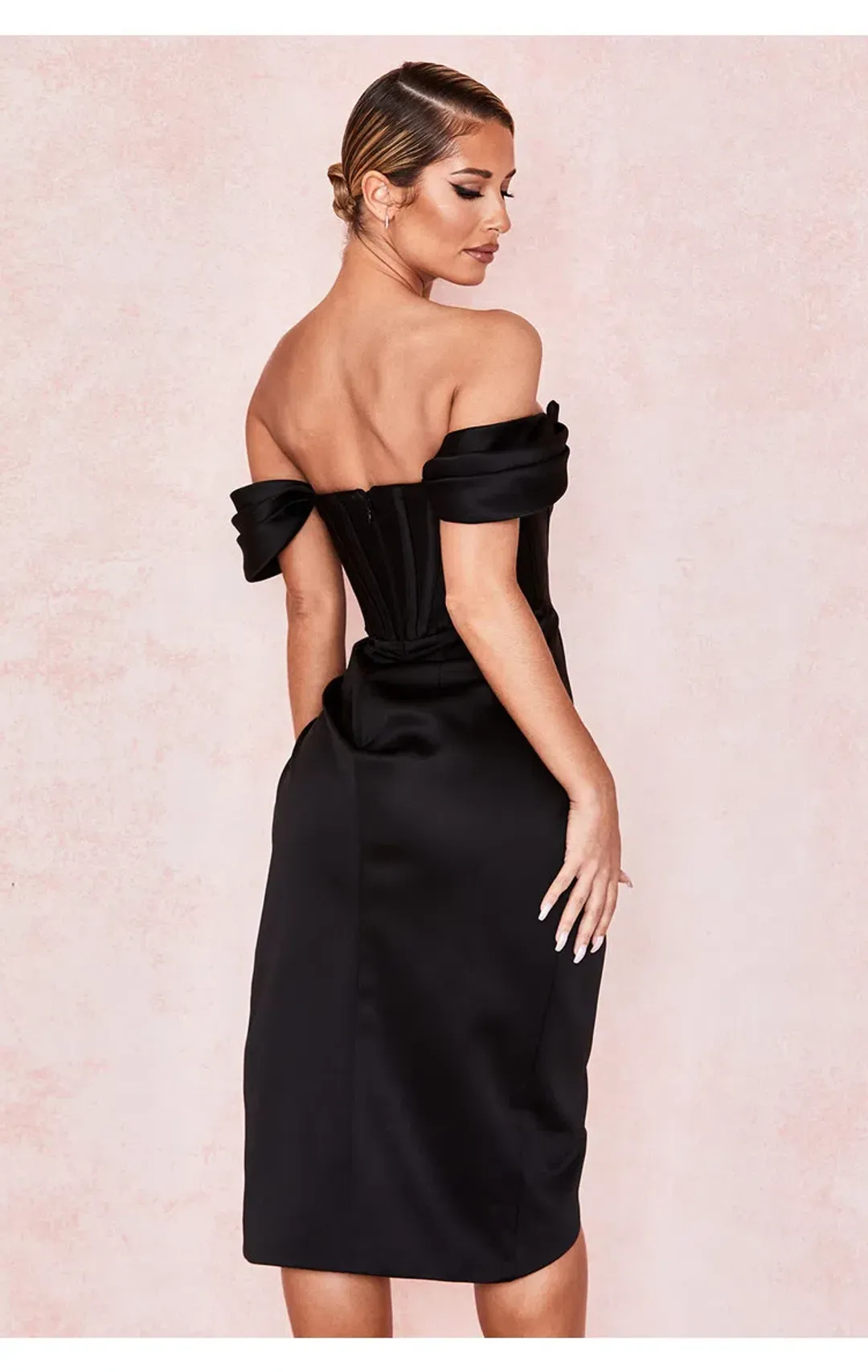 House of Cb Loretta Satin Off Shoulder Dress Black Size XS / Au 6 for rent on The Volte - main image