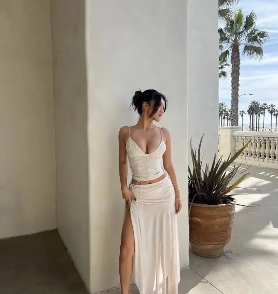 House of CB Antonella Vegan Leather Corset and Kaira Draped Midi Skirt Set Off White Size S / Au 8 for rent on The Volte - main image