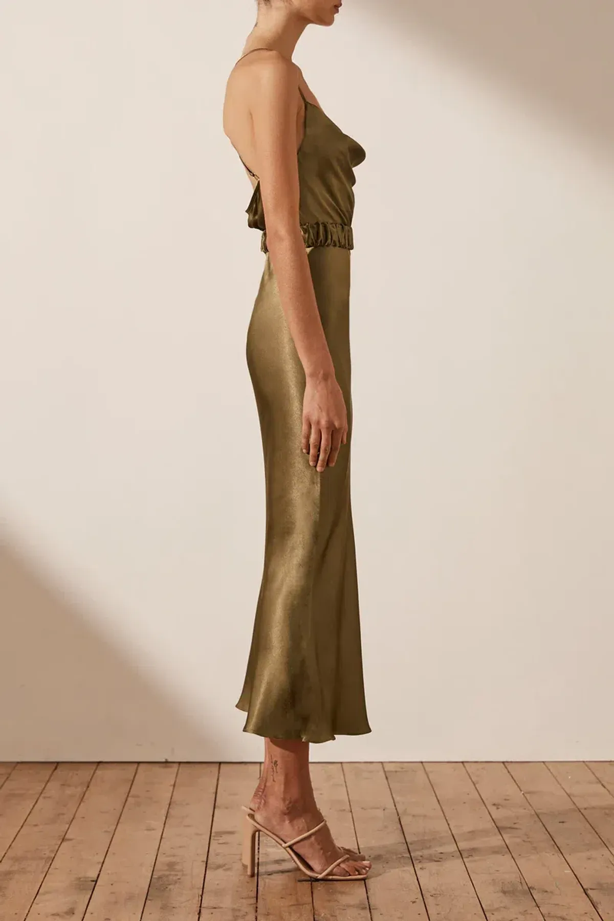 Shona Joy Gala Bias Midi Dress w/ Belt Warm Olive Size 8 - Image 2
