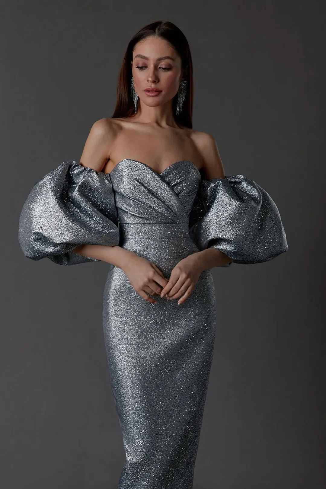 LN Family Midi Dress with Puff Sleeves Silver Size 6 for rent on The Volte - main image