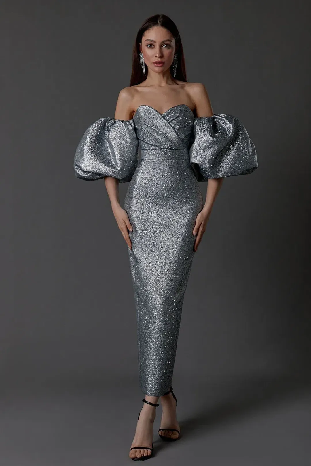 LN Family Midi Dress with Puff Sleeves Silver Size 6 for rent on The Volte - main image
