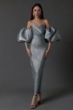 LN Family Midi Dress with Puff Sleeves Silver Size 6 for rent on The Volte - image 3