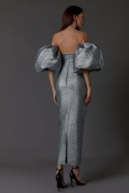 LN Family Midi Dress with Puff Sleeves Silver Size 6 for rent on The Volte - image 5