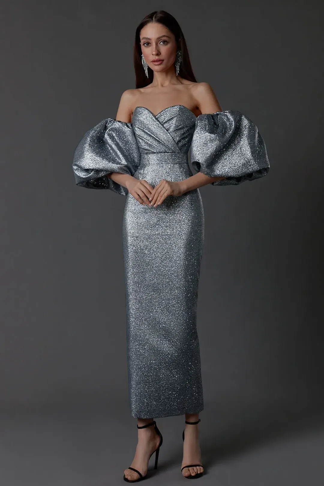 LN Family Midi Dress with Puff Sleeves Silver Size 6 for rent on The Volte - main image