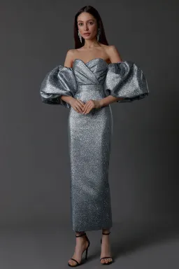 LN Family Midi Dress with Puff Sleeves Silver Size 6 for rent on The Volte - image 1