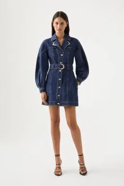 Aje Elena Belted Denim Mini Dress Washed Indigo Size 10 / M for rent on The Volte - image 1