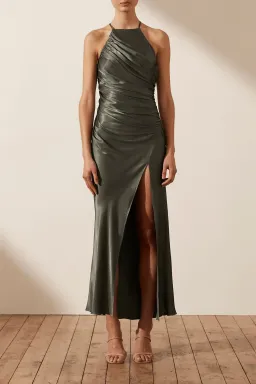 Shona Joy La Lune Gathered Square Neck Bias Midi Dress Olive Size 10 for rent on The Volte - image 1