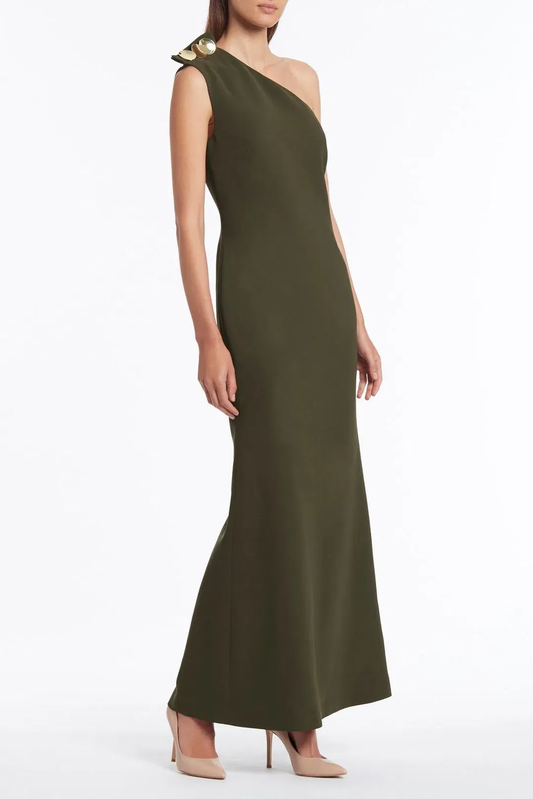 Carla Zampatti Olive Diana Asymmetric Gown Size 6 for rent on The Volte - main image